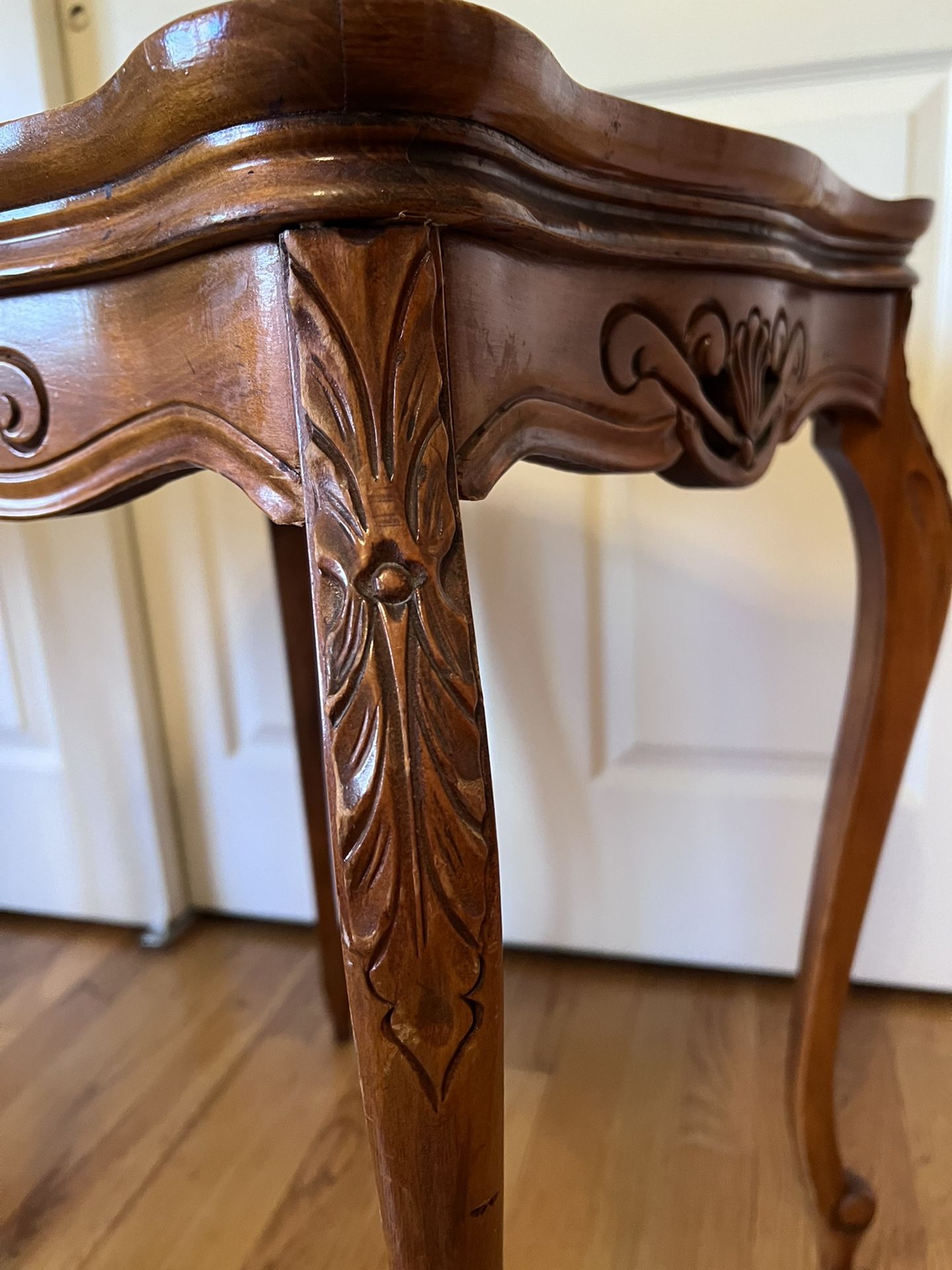 Inlaid matching end tables, lily floral design, mid century 50s 60s for