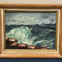 Incredible MCM 1958 Expressionist Stormy Seascape Oil Painting signed "P. Knox"