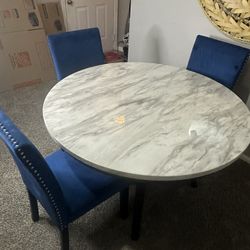 Modern Dining Table with 4 Blue Chairs