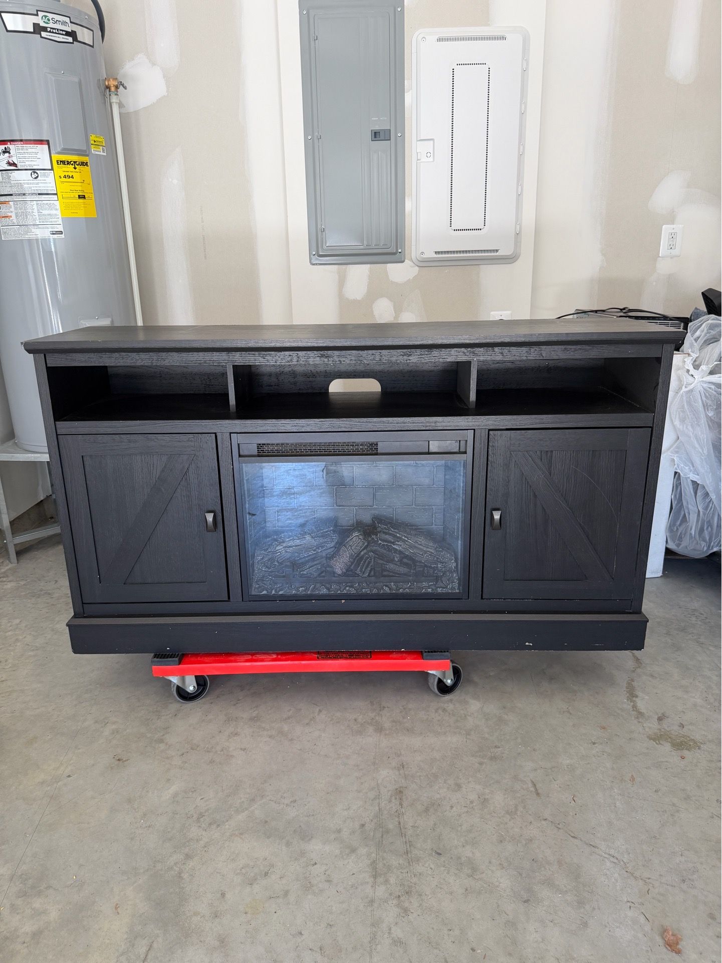 Ashton Lane Electric Fireplace TV Stand with Remote for TVs up to 65in, Black Oak