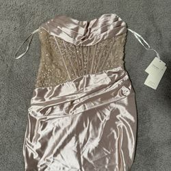 Strapless Fitted Dress with Lace Corset Bodice Ruched Skirt