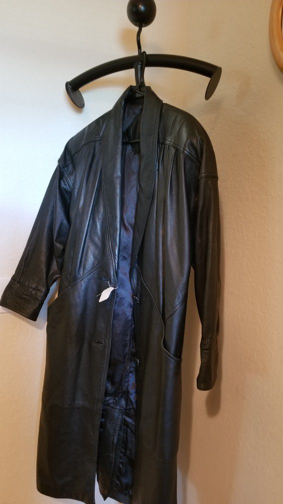Long Woman Full Black Leather Coat NEW 