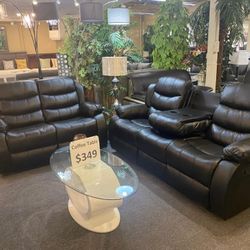 Brand New Black Synthetic Leather Manual Reclining Sofa + Liveseat With Cup Holder