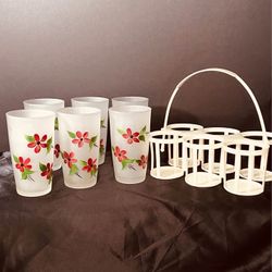 Super nice 1950's Frosted  Hand Painted Tumbler Set, with RARE Plastic Caddy
