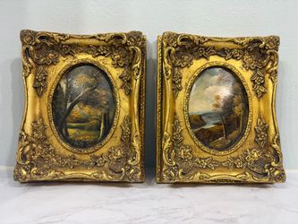 2/ Authentic Oil Painting Landscape "Golden Frame" Original Small Artwork