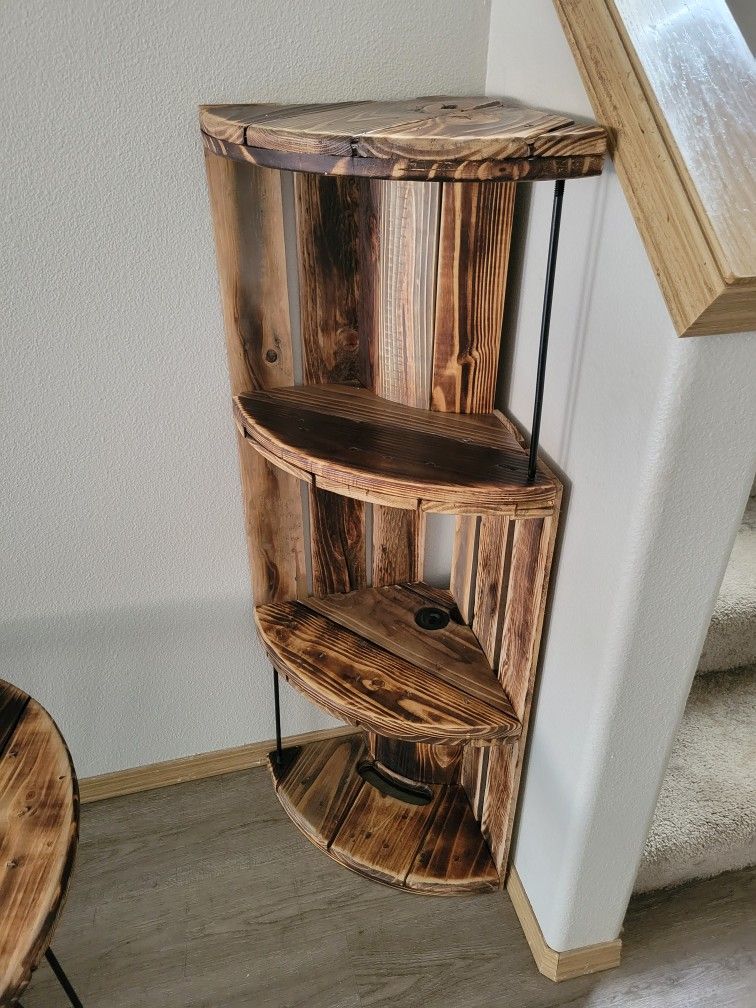 Rustic Wooden Spool Corner Shelf