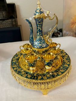 New, Vintage Turkish Coffee & Tea Pot Set for 6 with Crystal Tray Gold