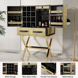 ❤️‍🔥 Gold Faux Leather Bar Wine Rack Cabinet With Storage