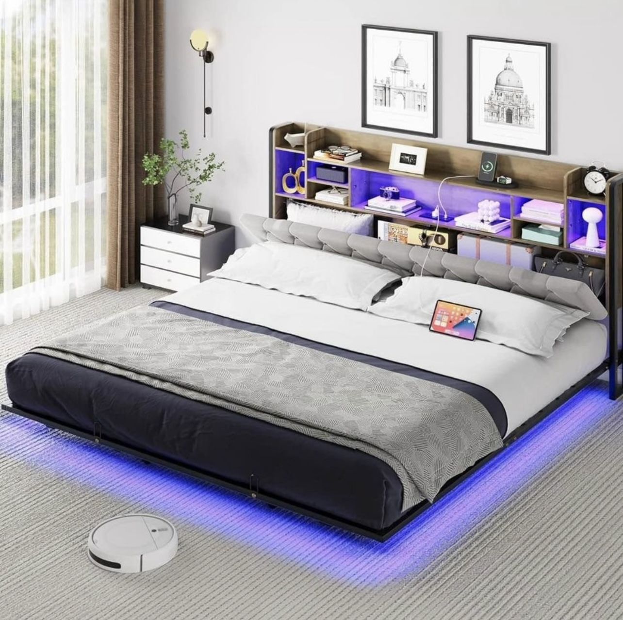 BED FRAME KING SIZE FLOATING STYLE WITH STORAGE HEADBOARD AND LED LIGHTING BRAND NEW IN BOX!!!