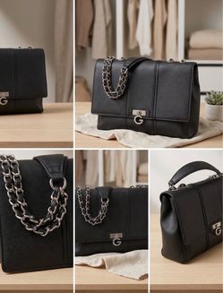 GUESS Black Shoulder Bag – Silver Chain Strap & Emblem Lock