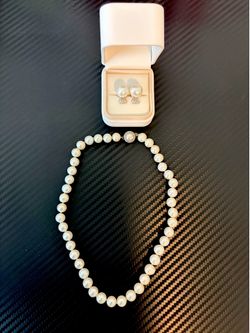 Genuine White Pearl Necklace and Earrings Set