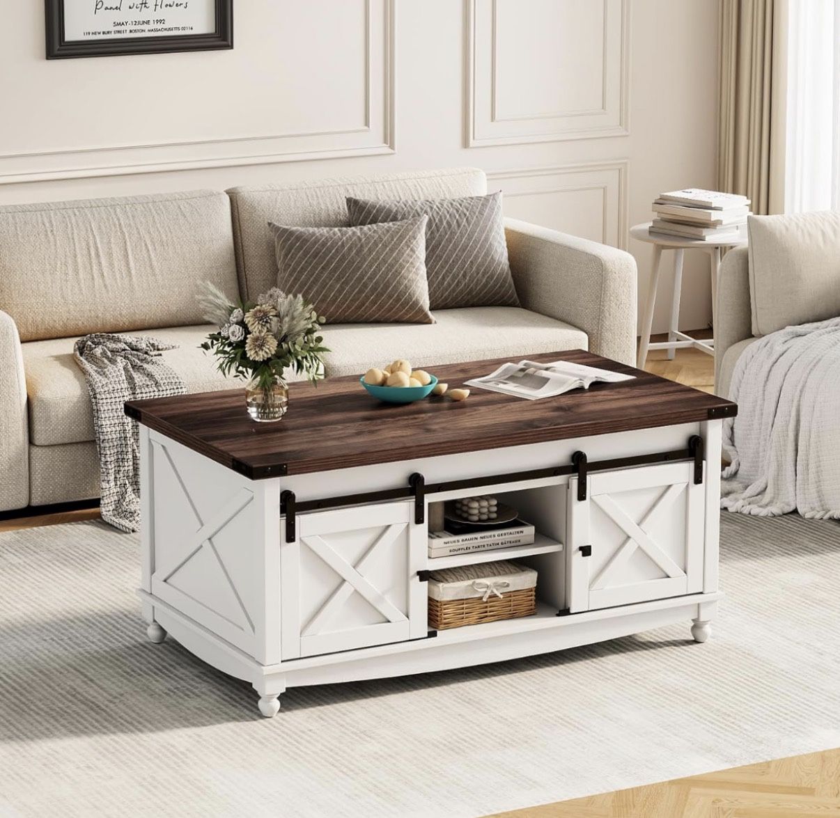 48" Farmhouse Lift Top Coffee Table with Storage Sliding Barn Door & Large Hidden Compartment, Coffee Table with Lifting Top with Wooden Lift Tabletop
