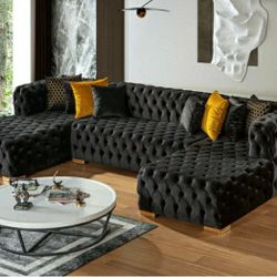 Double Chaise Sectional Color Black All The Way Around Deep Button Tufting Gold Legs Pillows Include Very Comfortable Firm Price $2,900