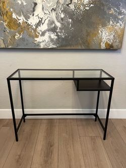 40” Wide Black Steel Metal Frame Glass Top Desk w/ Side Storage