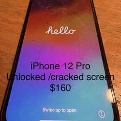 Used iPhone 12pro 128gb in blue fully Unlocked /cracked screen but fully functional $160  WiFi/5g comes with wireless charger