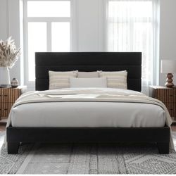 King Size Platform Bed Frame with Velvet Upholstered Headboard and Wooden Slats Support, Fully Upholstered Mattress Foundation/No Box Spring Needed/Ea