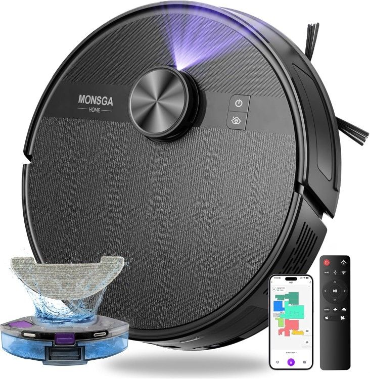 MONSGA Robot Vacuum and Mop Combo, 5000Pa Robotic Vacuum with Lidar Navigation, 180mins Runtime, Tangle-Free Robot Mop, 5 Editable Maps, APP/Remote