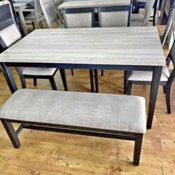 ✅️✅️6 pc bridget two tone wood dining table set padded seat chairs and bench ✅️ 