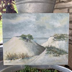 Vintage Mid-Century Coastal Seascape Sand Dunes 16x20 Oil Painting – Beach House Decor