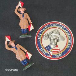 2 Cast Iron Signaling Boy Scouts Figures & 1(contact info removed) World Scout Jamboree Coin