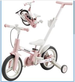 lecoco 6 in 1 12" Foldable Balance Bike with Training Wheels, Pedals, Brakes, Kickstand push handle