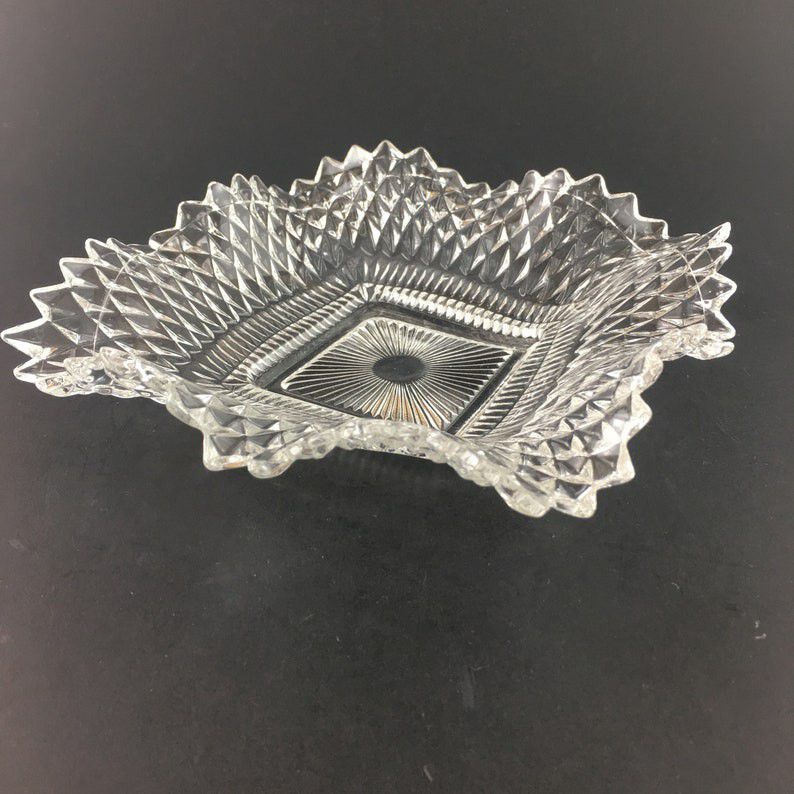 Clear INDIANA GLASS CO. Square Ruffled Diamond Point Candy Nut Dish Bowl Vintage