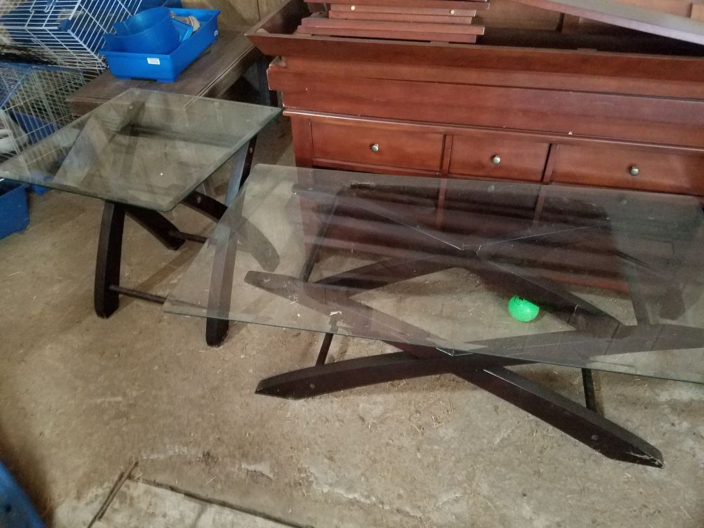 Modern trestle style glass wood desk and side table