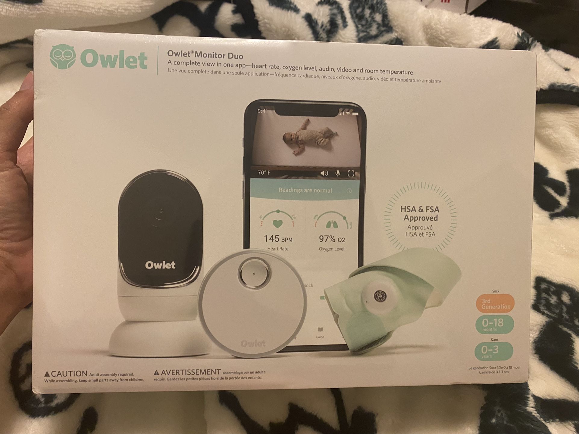Owlet Monitor de bebé inteligente Duo con vídeo HD, oxígeno y frecuencia cardíaca New In The Box