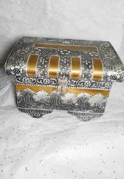 Vintage Wooden & Metal Ornate Jewelry Chest Trinket Box with Floral Indian Folk Art Design – Unique Decor Piece