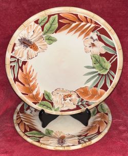 Home Trends Tropical Hibiscus Bamboo Edge 11” Dinner Plate Set of 2 Like NEW!