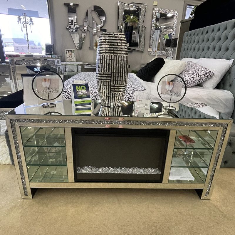 59" TV Stand w/ LED Glass Shelves & Fireplace Insert