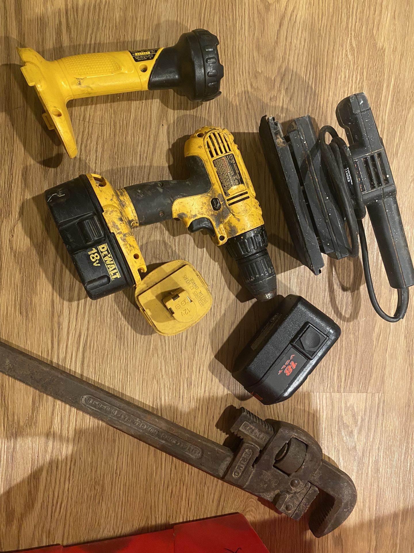 Dewalt Drill, Flashlight, Sander, and Miscellaneous Tools