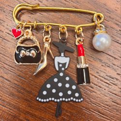 New Adorable Handmade Gold Safety Pin Brooch Lipstick Pearls