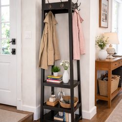 *Must Go* 3-Tier Shelf w/ 4 Coat Hooks – Black – 71” Tall