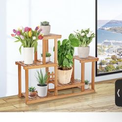 Wood Plant Stand Indoor Outdoor Flower Shelf Rack, 3 Tiers 7 Potted Ladder Plant Holder