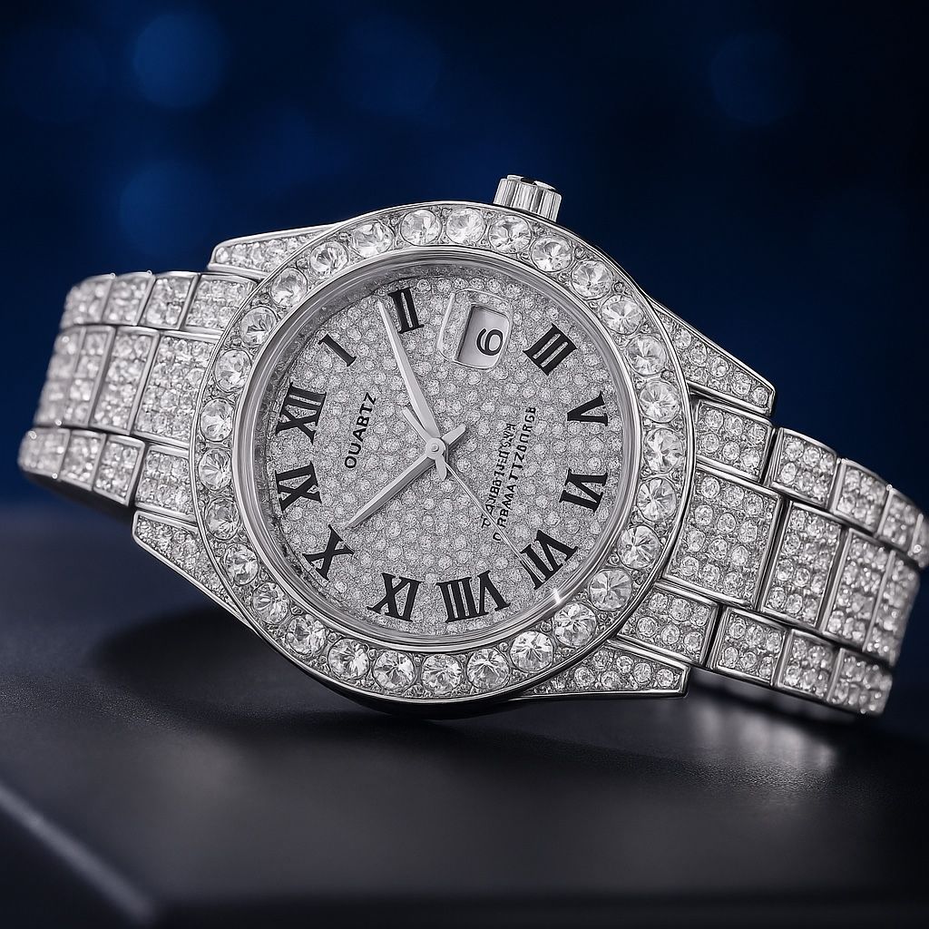 Luxury Silver Quartz Watch with Roman Numerals – Elegant Full Stone Design