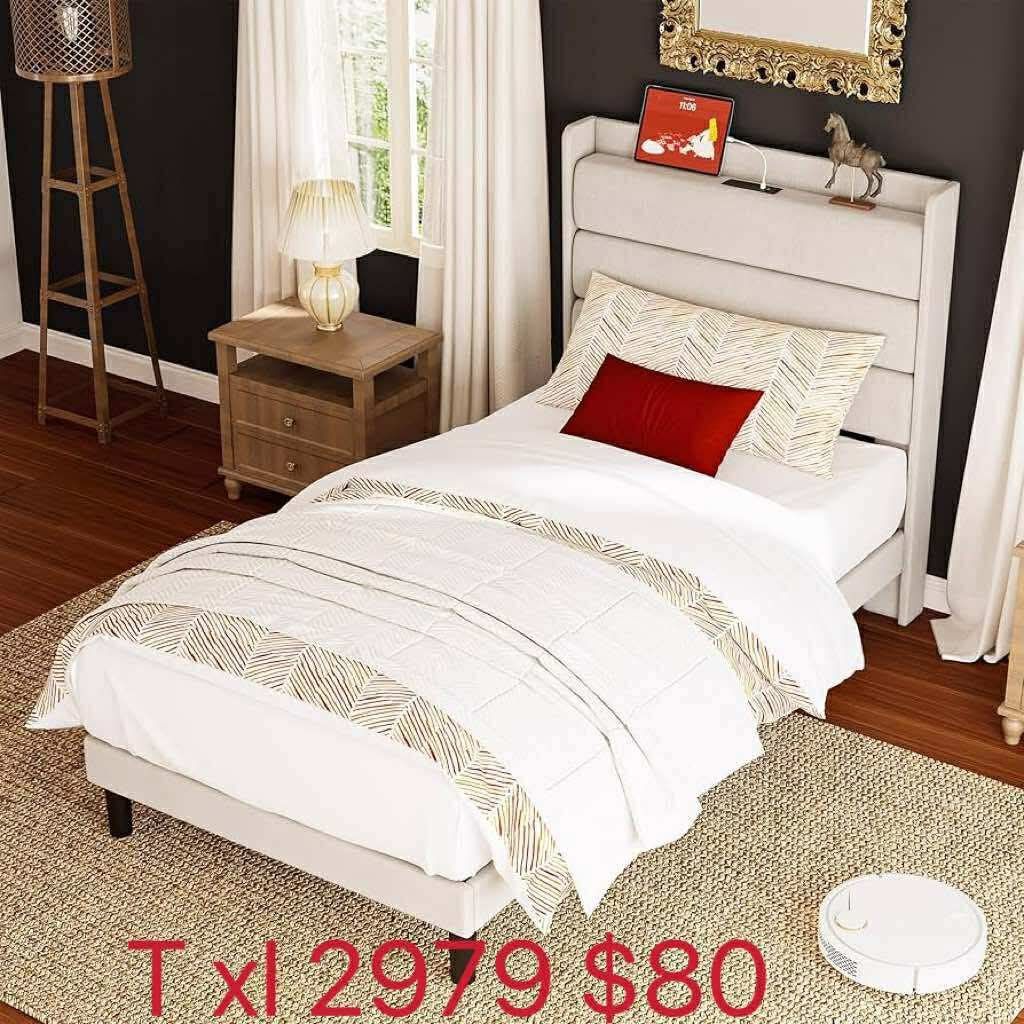 Twin XL Bed Frames, Storage Headboard with Outlets, Sturdy and Stable(2979)