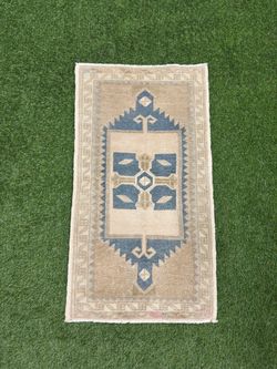 Vintage Blue Beige Turkish Rug, Handmade Anatolian Wool Carpet, Geometric Oushak Style Rug, Neutral Hallway Entryway Rug, 1.7x2.11