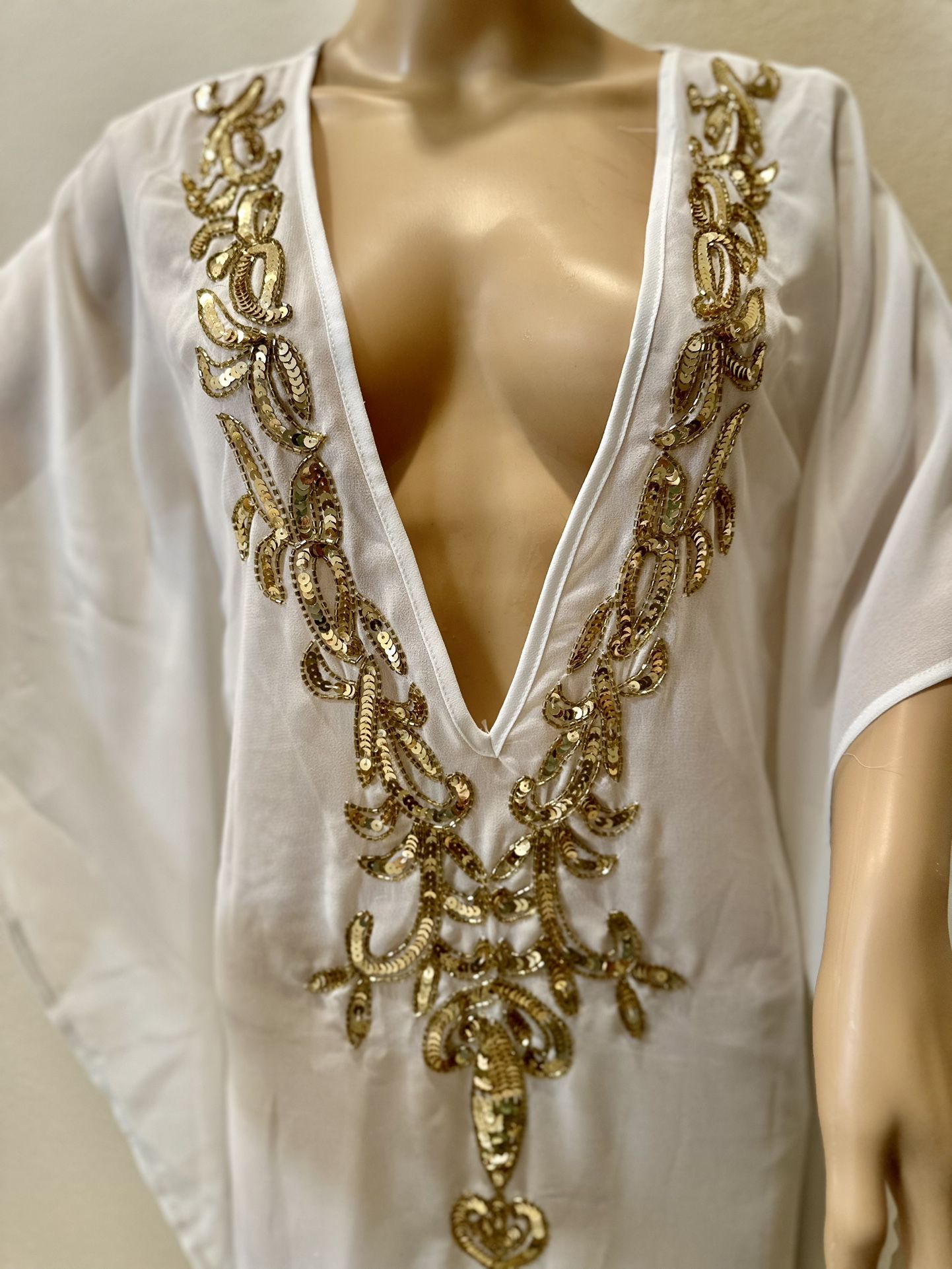 White Sheer Chiffon Long Kaftan Kimono Dress Beach Cover Up Lounge Wear Small GOLD BEADED NECKLINE 