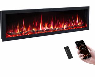 PuraFlame Bernice 60 Inch Smart Linear Electric Fireplace - Clean Hidden Vent Design, Flame with 9 Colors, Recessed in-Wall or Wall-Mount or Free Stan