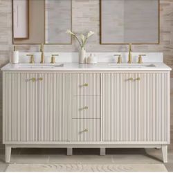 Sylvie 60 in. Double Sink Fluted Dove Bathroom Vanity with Volakas Engineered Stone Top (Assembled)