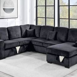 New Corduroy Sectional W Sleeper Chaise Storage.  Black.  92x120x61.  Free Delivery!