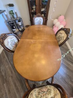 Vintage Solid Wood Dining Table Set with 6 Upholstered Chairs
