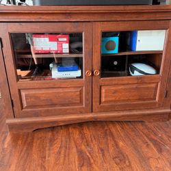 Solid Wood TV Stand with Glass-Panel Doors