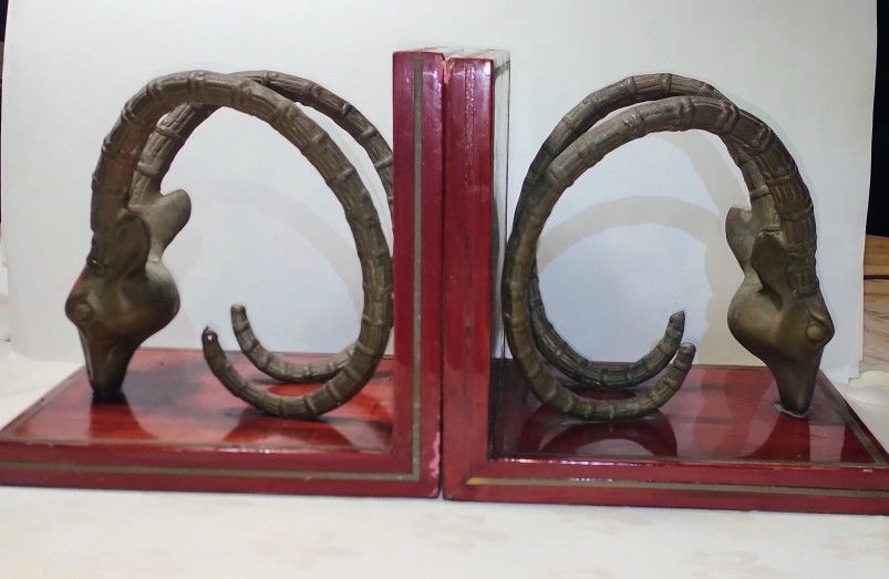 Vintage Solid Brass and Wood Ibex Bookends
