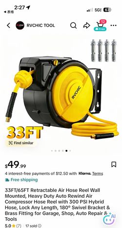 33FT Retractable Air Hose Reel with 300 PSI Hybrid Hose