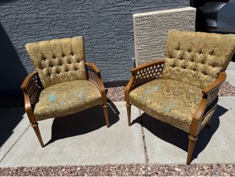 Pair of Vintage Tufted Armchairs with Fretwork Arm￼