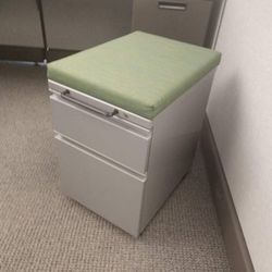 Gray Rolling Under Desk Cabinet Aka Pedestal With Green Cushion 