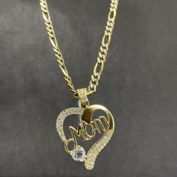 14k solid Gold fígaro chain and hear mom pendant , necklance gold pendant