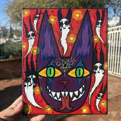 The Ghoul Summoner | Cat Head Acrylic Painting on Canvas | 8x10 inches
